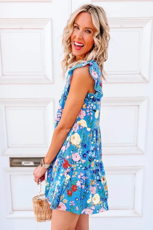 Sky Blue Floral Flutter Sleeve V Neck Ruffled Dress - Image 2