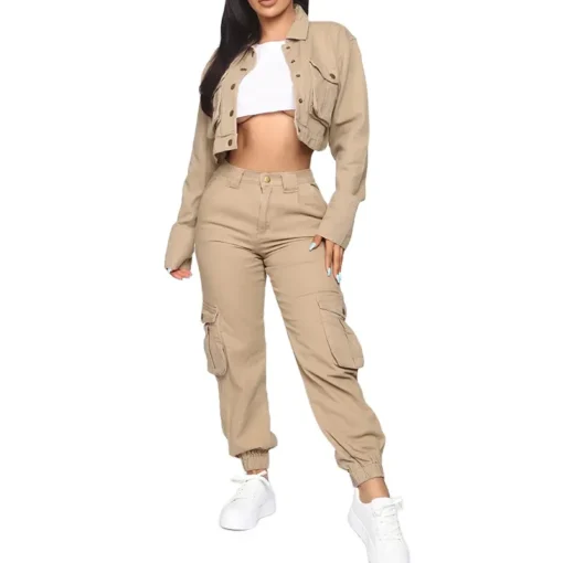 Women's Fashion Casual Washing Denim Jacket Cargo Pants Two-Piece Set Plus Size Tracksuit