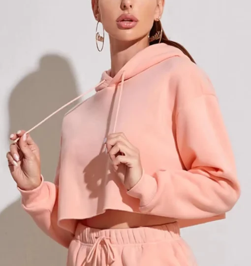 Lady's White Cotton Crop Sweatshirt Sustainable Windproof Hoodie Fashionable Crop Top Girls hoodie - Image 2