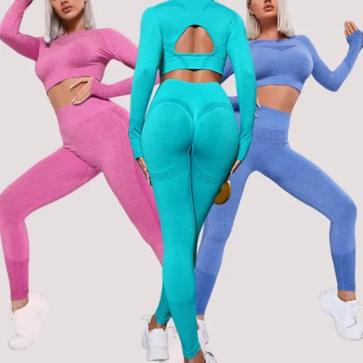 Workout Outfit Sports Wear Push Up Yoga Suits Women Long Sleeves Scrunch Leggings Yoga Set Gym Fitness Set Run Clothes Tracksuit
